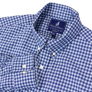 Wool & Prince Mens Blue Gingham 100% Merino Wool Button Down Shirt Large Regular